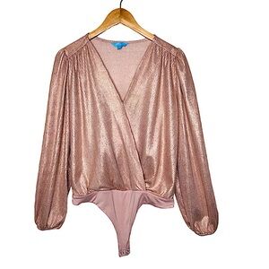 Draper James RSVP Wrap Bodysuit Metallic Rose Gold Surplus Neck Elegant Sz: M